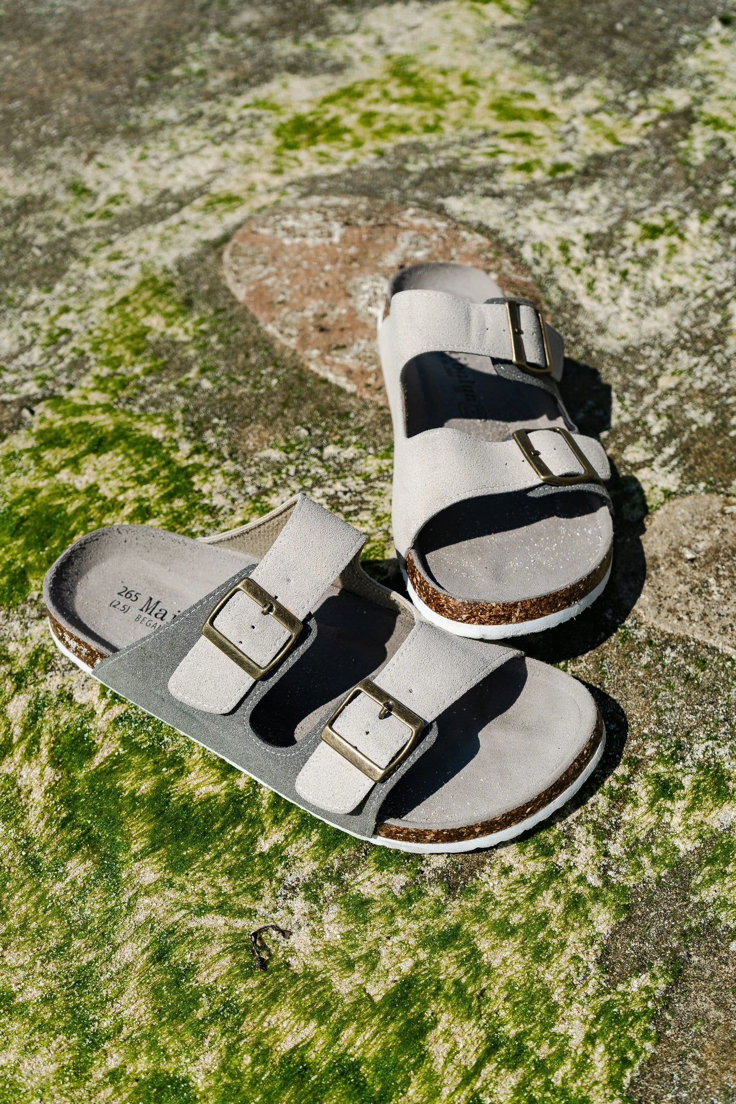 Arizona Style Cork Sandals - Grey & Cream Suede for women with adjustable double straps and cork footbed