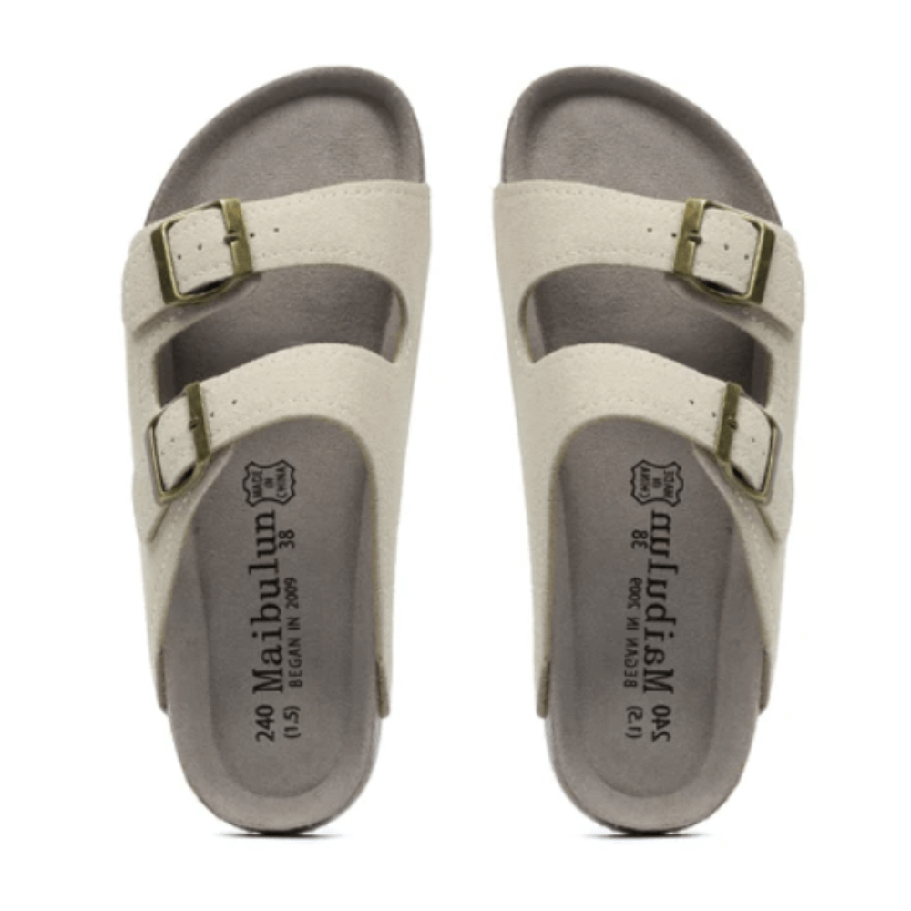Arizona Style Cork Sandals - Cream Suede for women with adjustable double straps and cork footbed