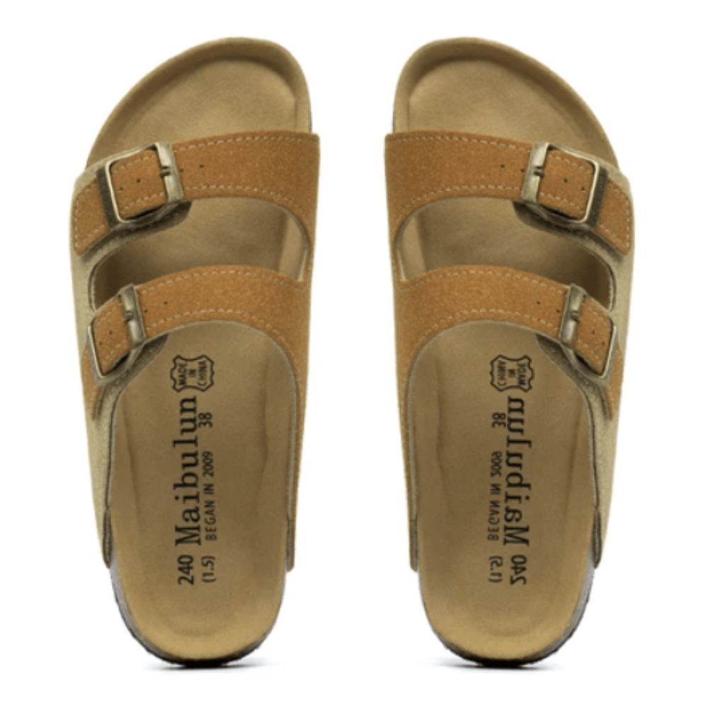 Arizona Style Cork Sandals - Light Brown & Caramel Suede for women with adjustable double straps and cork footbed