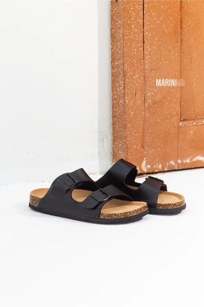 Arizona Style Cork Sandals - Black Leather for women with adjustable double straps and cork footbed
