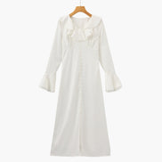 Pearl Button Ruffle Midi Dress