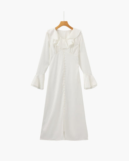 Pearl Button Ruffle Midi Dress