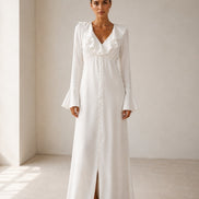 Pearl Button Ruffle Midi Dress