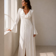 Pearl Button Ruffle Midi Dress