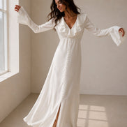 Pearl Button Ruffle Midi Dress
