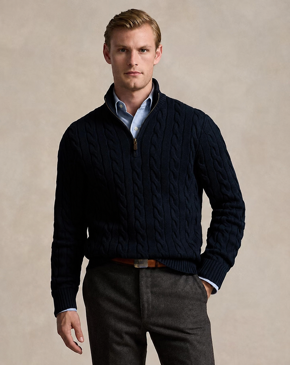 Cable-Knit Quarter-Zip Jumper - Navy