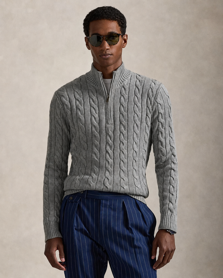 Cable-Knit Quarter-Zip Sweater - Fawn Grey Heather