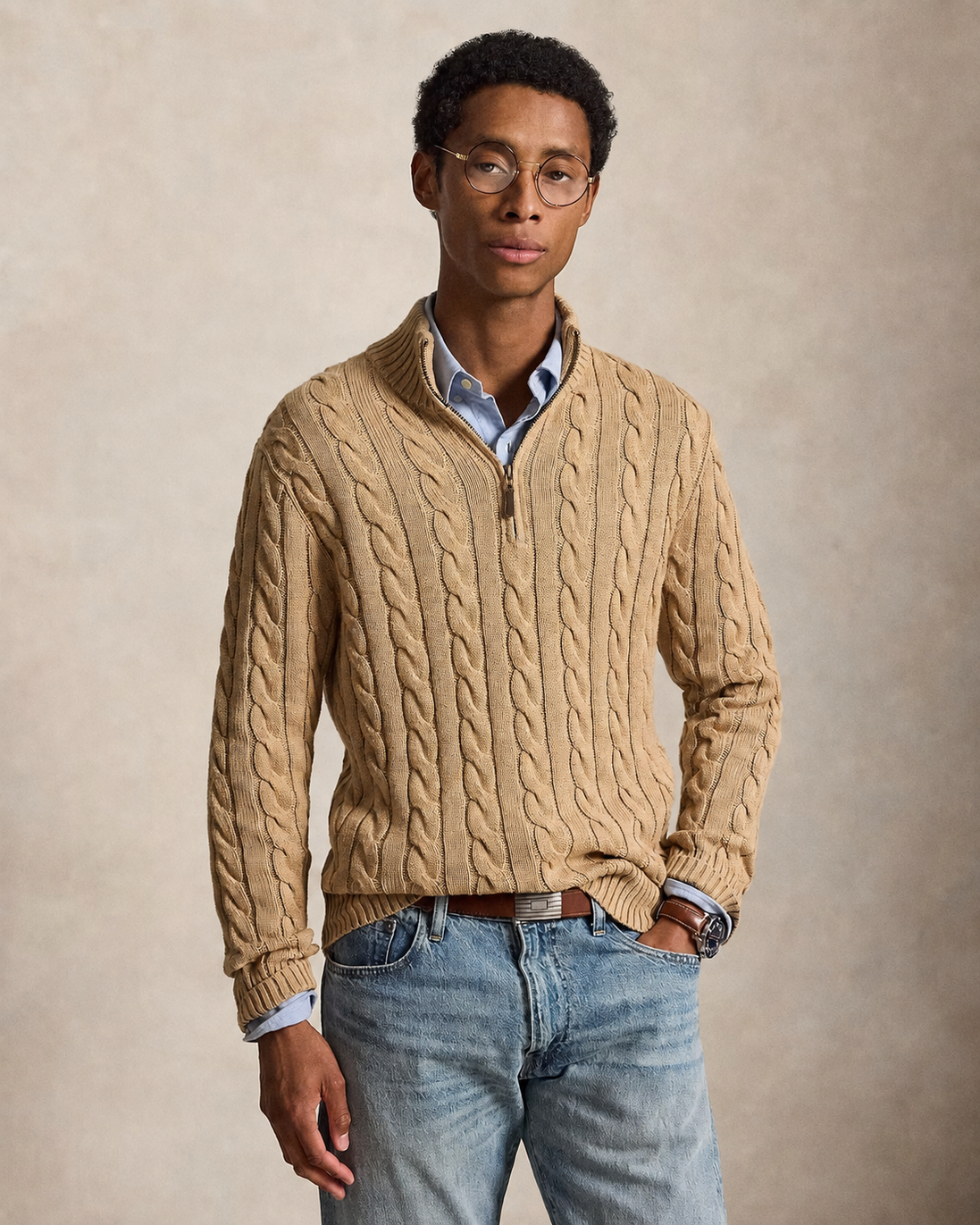 Cable-Knit Quarter-Zip Sweater - Camel Melange