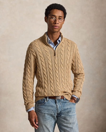 Cable-Knit Quarter-Zip Sweater - Camel Melange