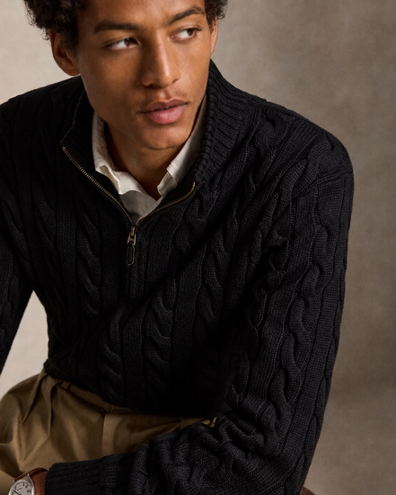 Cable-Knit Quarter-Zip Sweater - Black