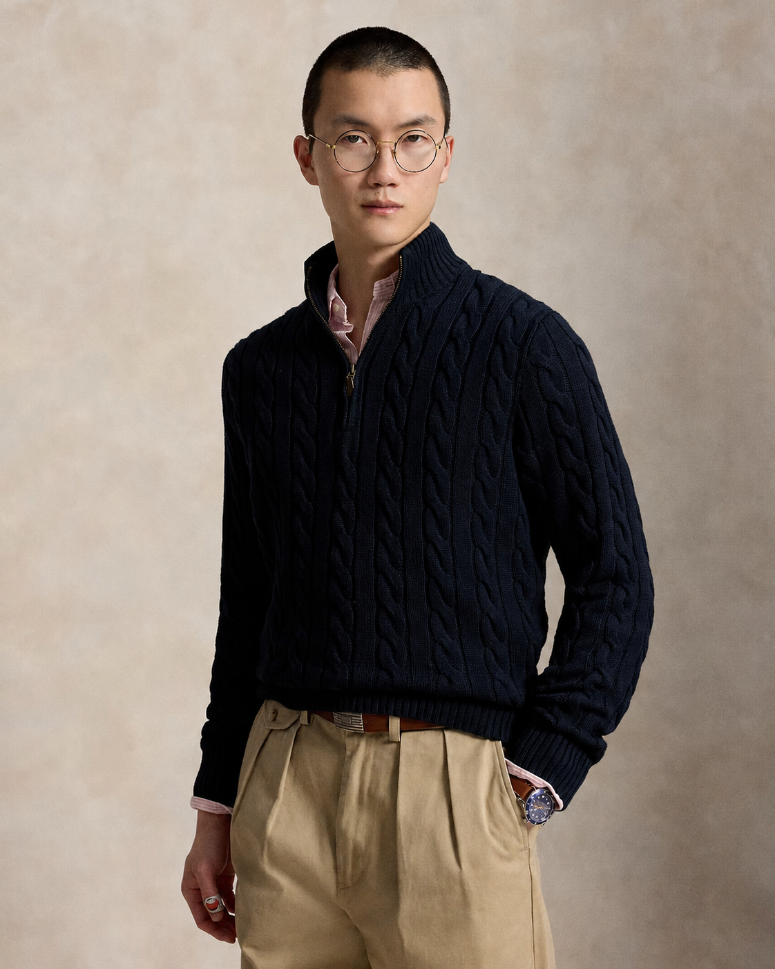 Cable-Knit Quarter-Zip Sweater - Navy