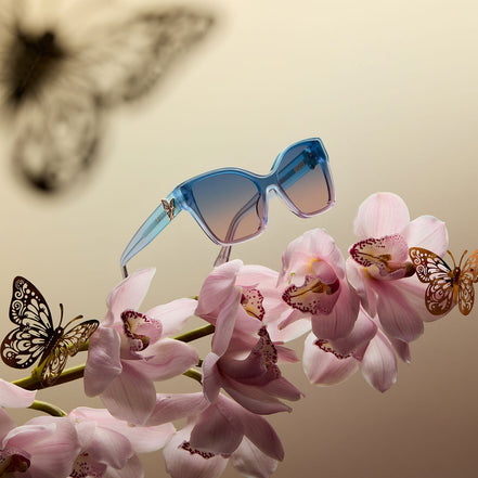 Glinda Upland Butterfly Sunglasses — Pastel Blue + Lavender + Pink Gradient