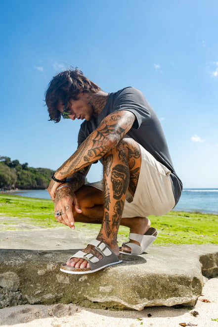Maibulun Arizona Sandal — Grey + Cream Two-Tone Suede