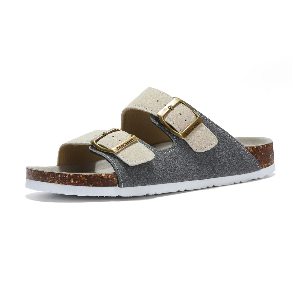 Arizona Style Cork Sandals - Grey & Cream Suede for women with adjustable double straps and cork footbed