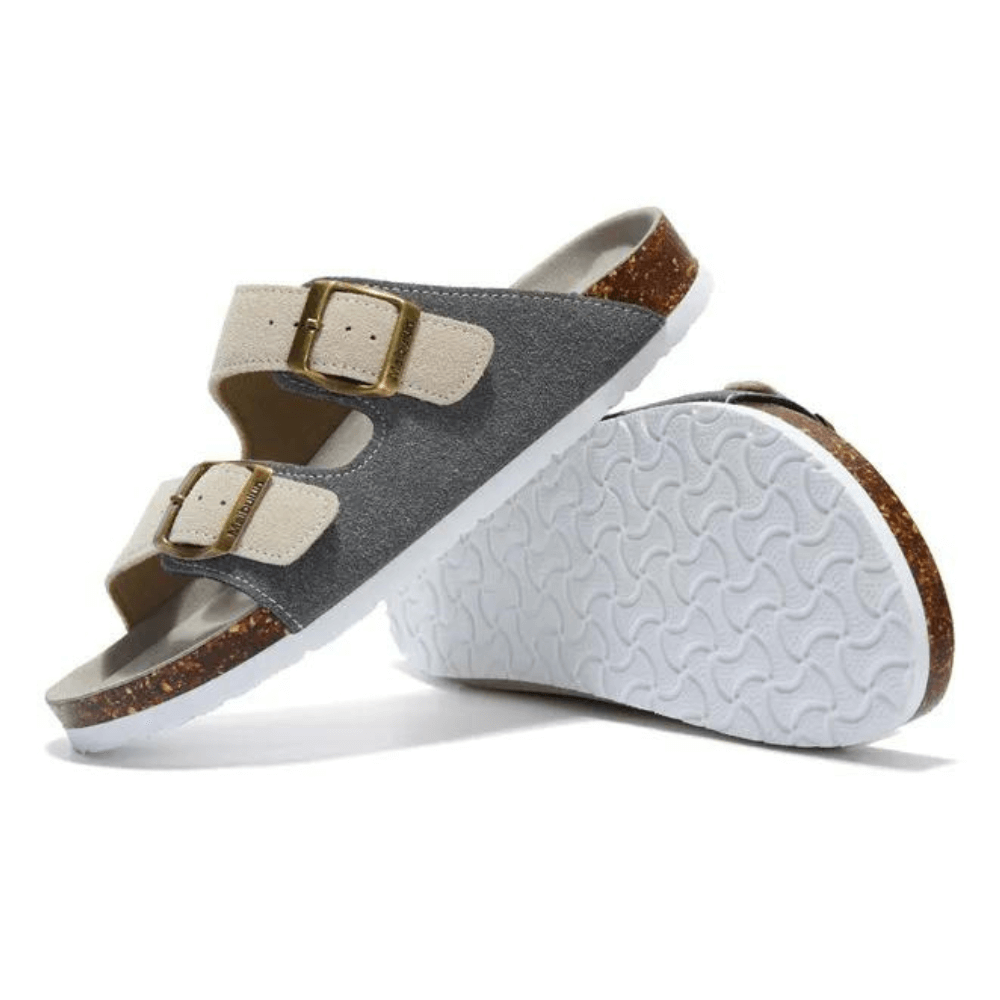 Arizona Style Cork Sandals - Grey & Cream Suede for women with adjustable double straps and cork footbed