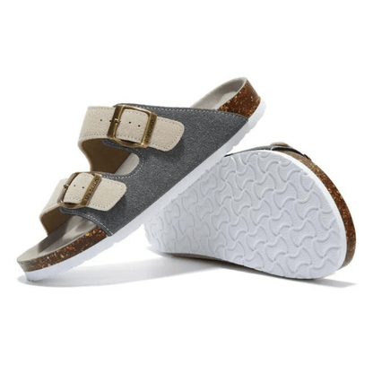 Arizona Style Cork Sandals - Grey & Cream Suede for women with adjustable double straps and cork footbed