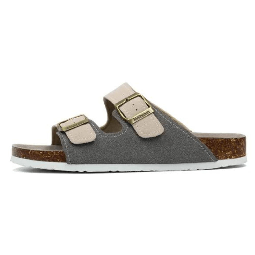 Arizona Style Cork Sandals - Grey & Cream Suede for women with adjustable double straps and cork footbed