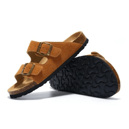 Arizona Style Cork Sandals - Caramel Suede for women with adjustable double straps and cork footbed