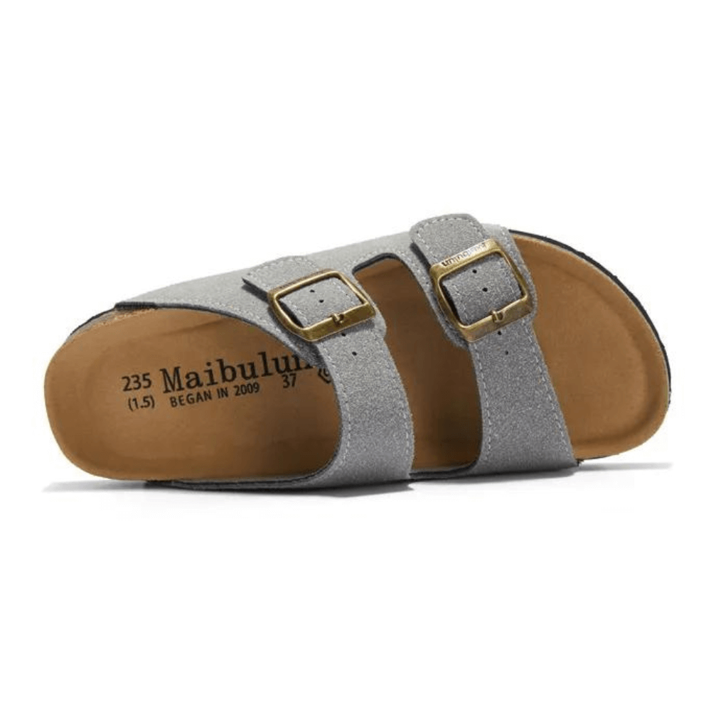 Arizona Style Cork Sandals - Light Grey Suede for women with adjustable double straps and cork footbed