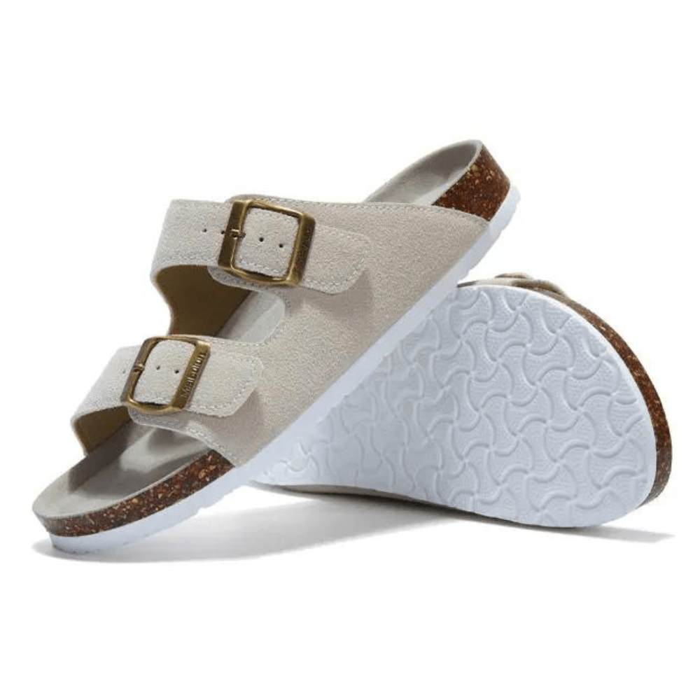 Arizona Style Cork Sandals - Cream Suede for women with adjustable double straps and cork footbed