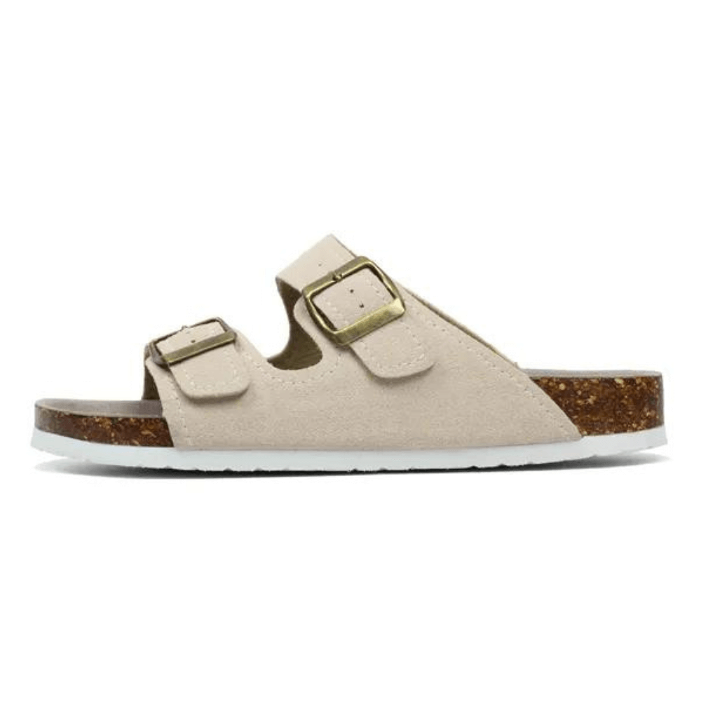 Arizona Style Cork Sandals - Cream Suede for women with adjustable double straps and cork footbed
