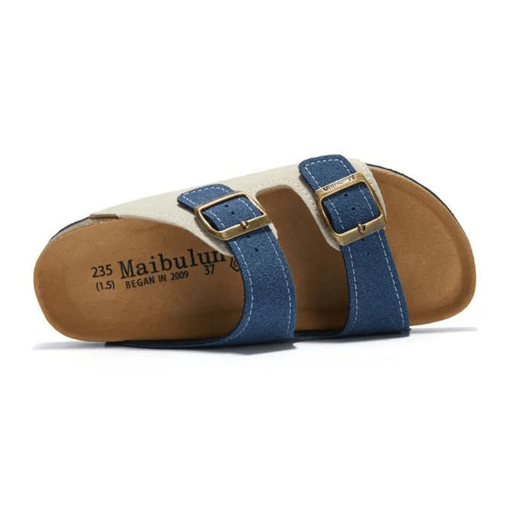 Arizona Style Cork Sandals - Cream & Blue Suede for women with adjustable double straps and cork footbed