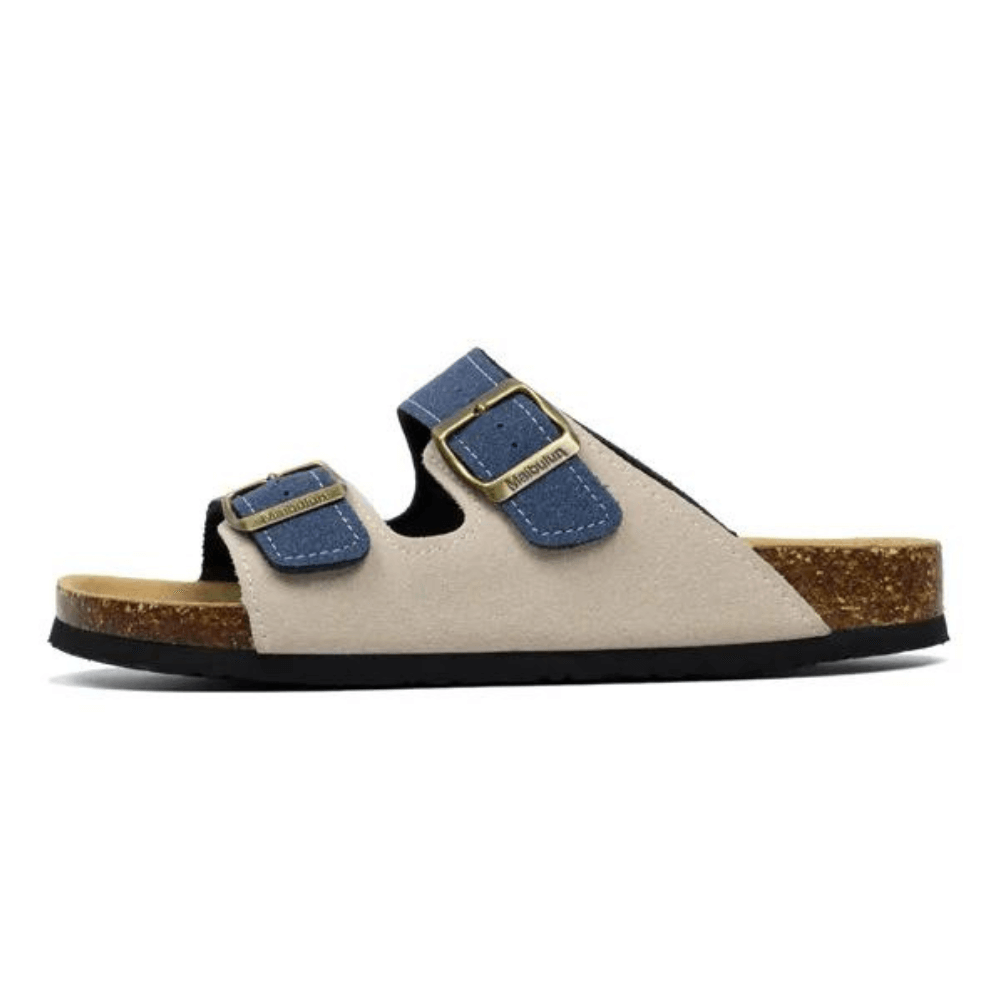 Arizona Style Cork Sandals - Cream & Blue Suede for women with adjustable double straps and cork footbed