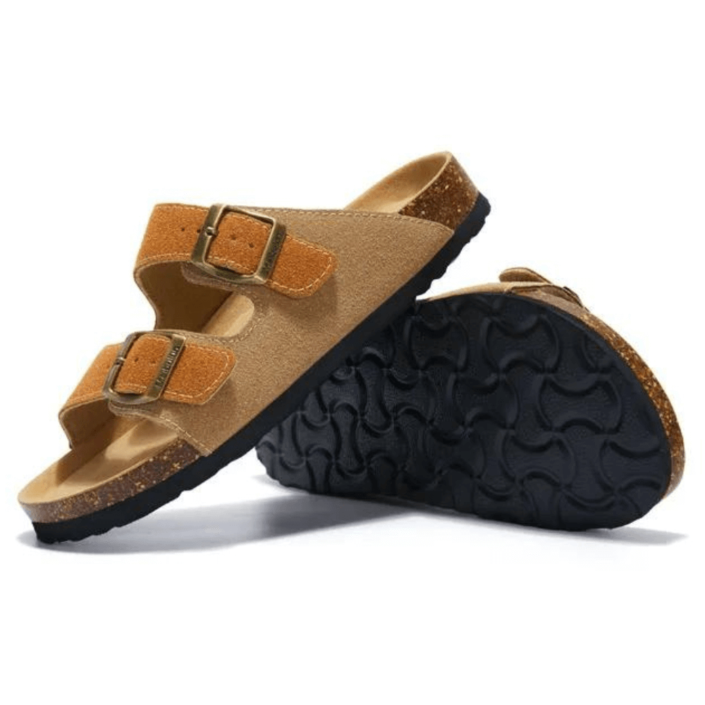Arizona Style Cork Sandals - Light Brown & Caramel Suede for women with adjustable double straps and cork footbed
