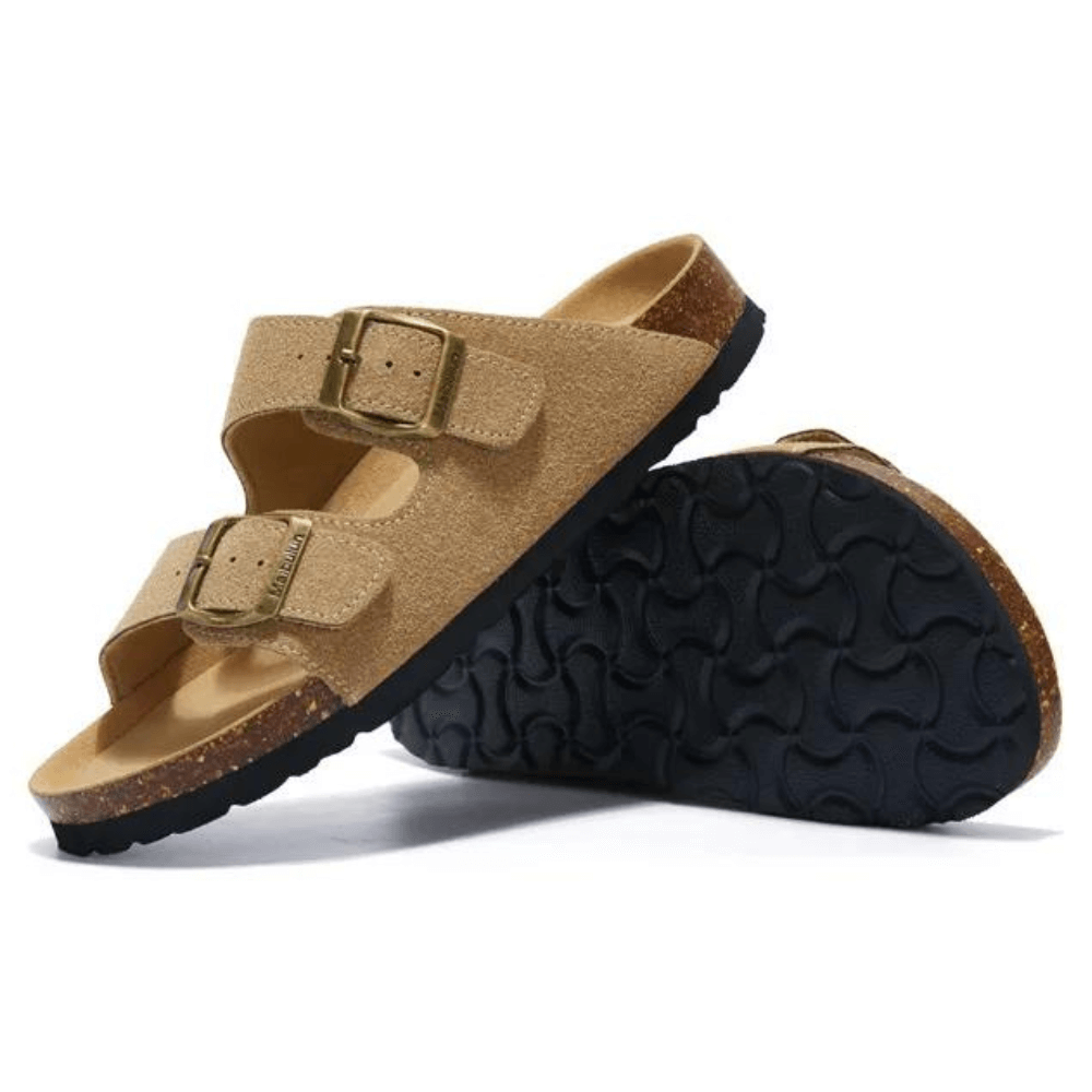 Arizona Style Cork Sandals - Light Brown Suede for women with adjustable double straps and cork footbed