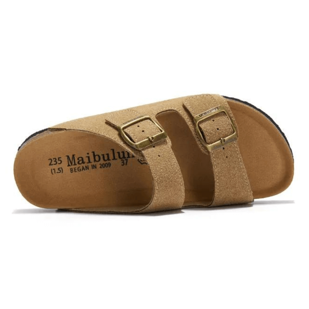 Arizona Style Cork Sandals - Light Brown Suede for women with adjustable double straps and cork footbed