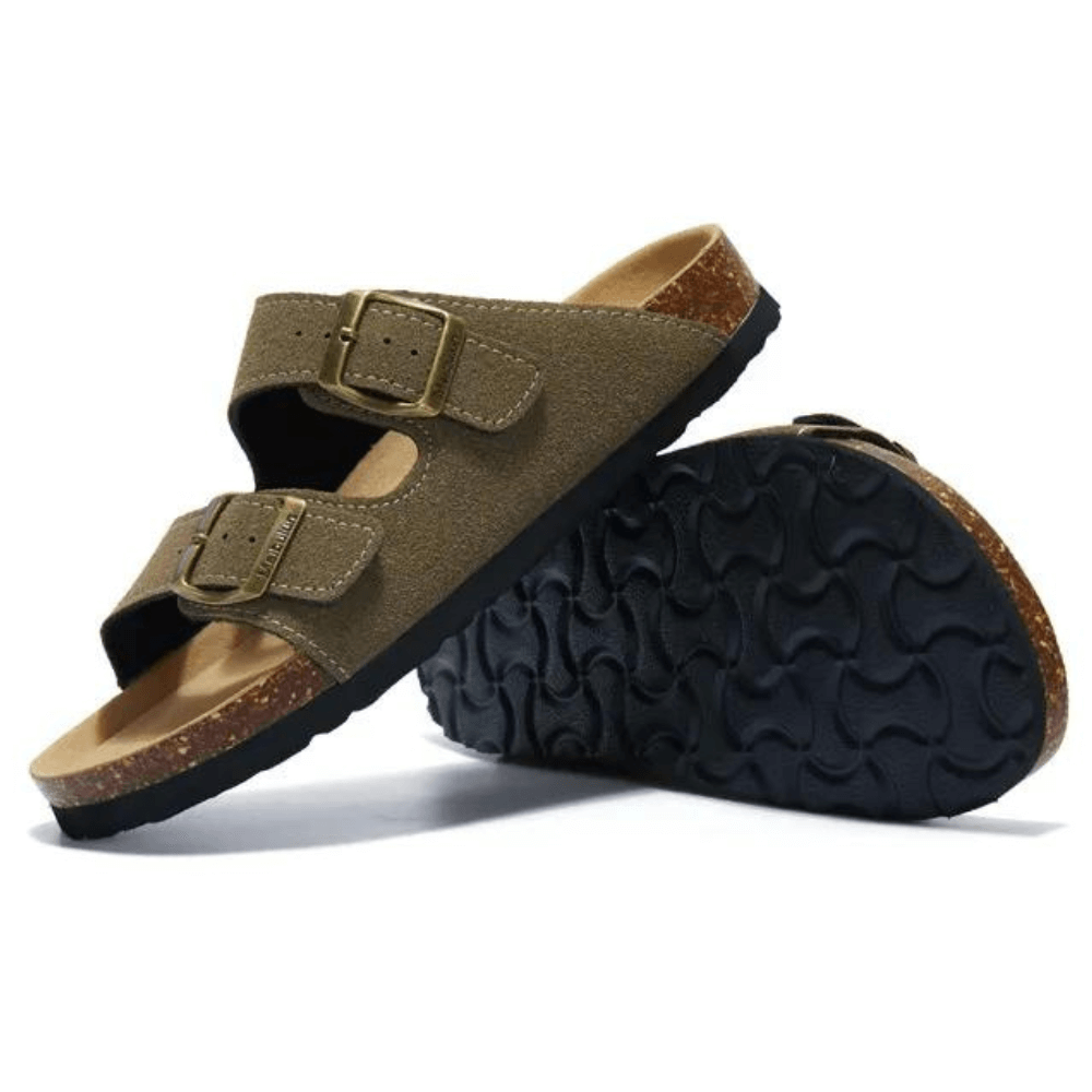 Arizona Style Cork Sandals - Moss Green Suede for women with adjustable double straps and cork footbed
