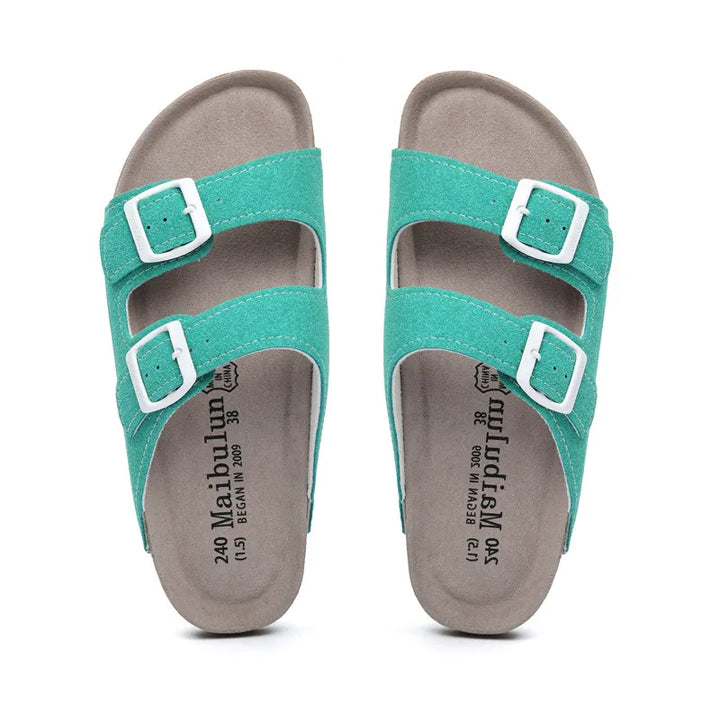 Arizona Style Cork Sandals - Aqua Green Suede for women with adjustable double straps and cork footbed