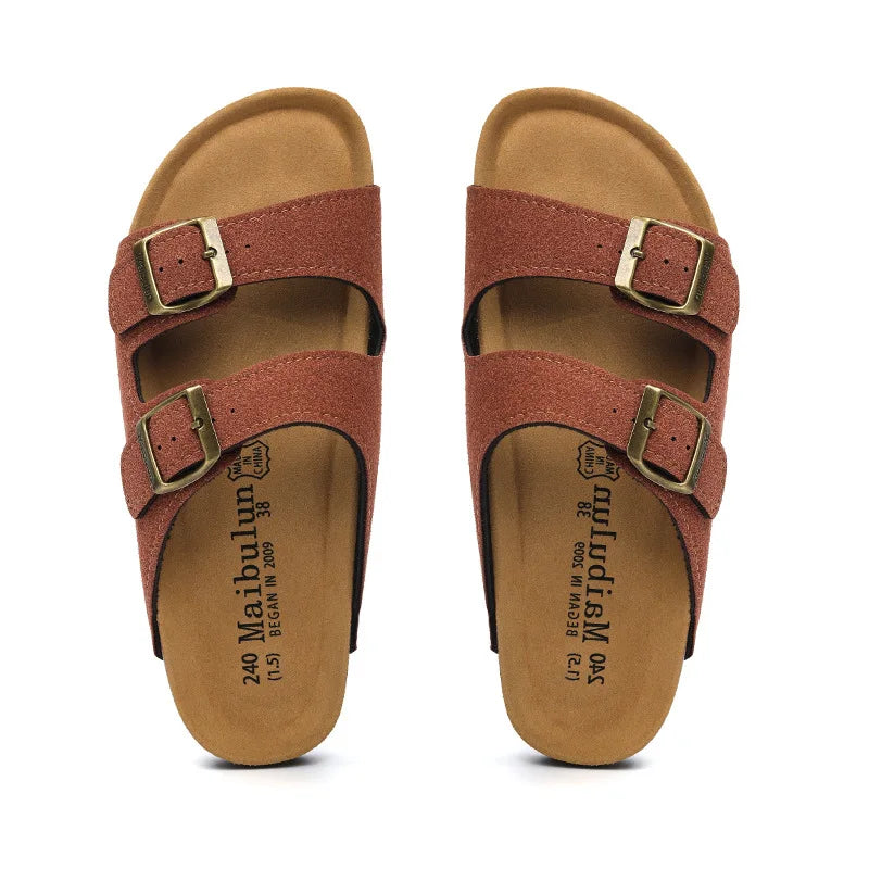 Arizona Style Cork Sandals - Chestnut Red Suede for women with adjustable double straps and cork footbed