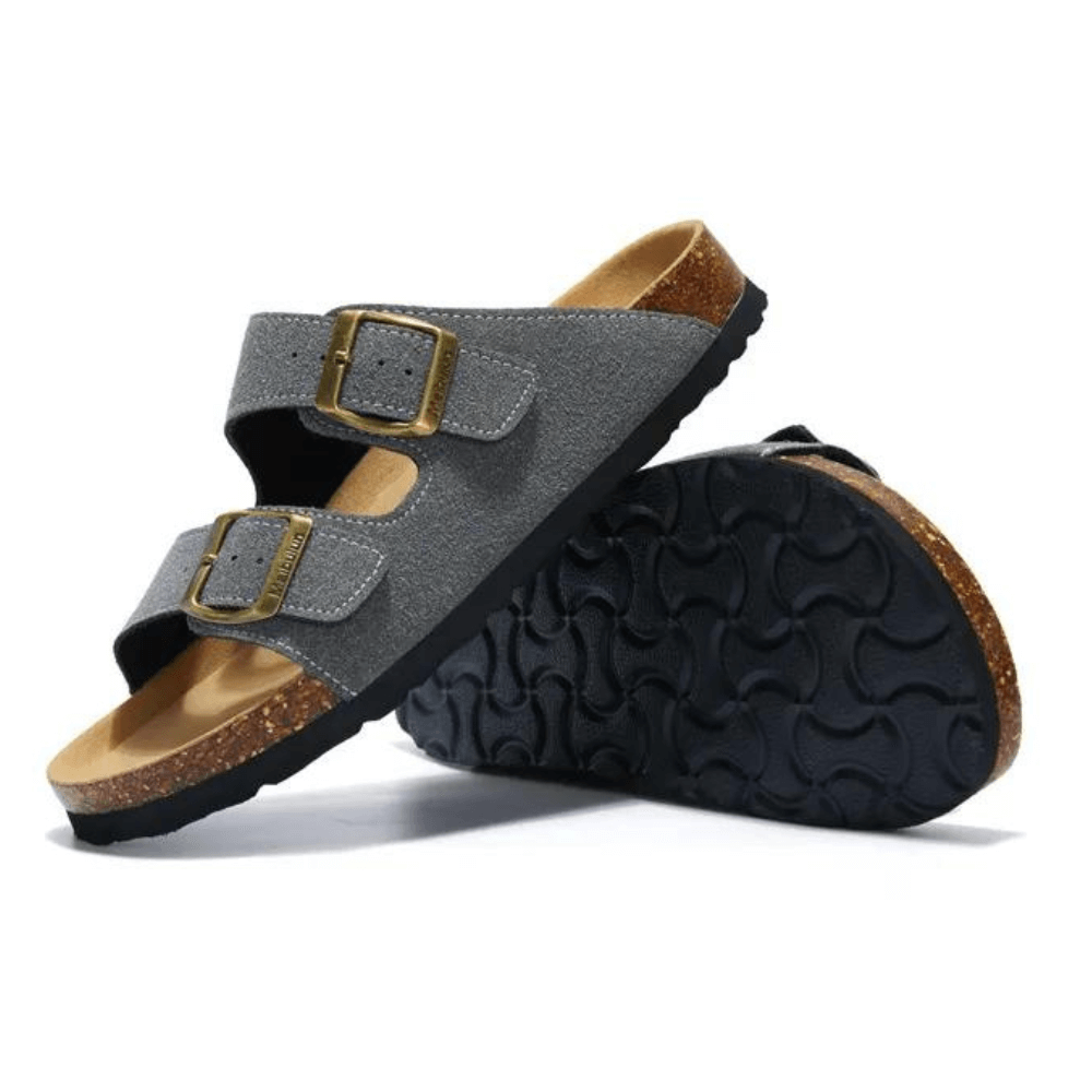 Arizona Style Cork Sandals - Grey Suede for women with adjustable double straps and cork footbed