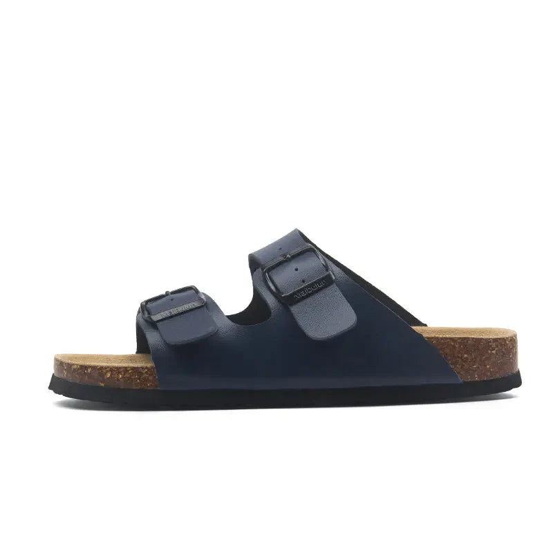 Arizona Style Cork Sandals - Blue Leather for women with adjustable double straps and cork footbed