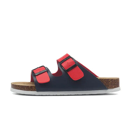 Arizona Style Cork Sandals - Blue & Red Leather for women with adjustable double straps and cork footbed