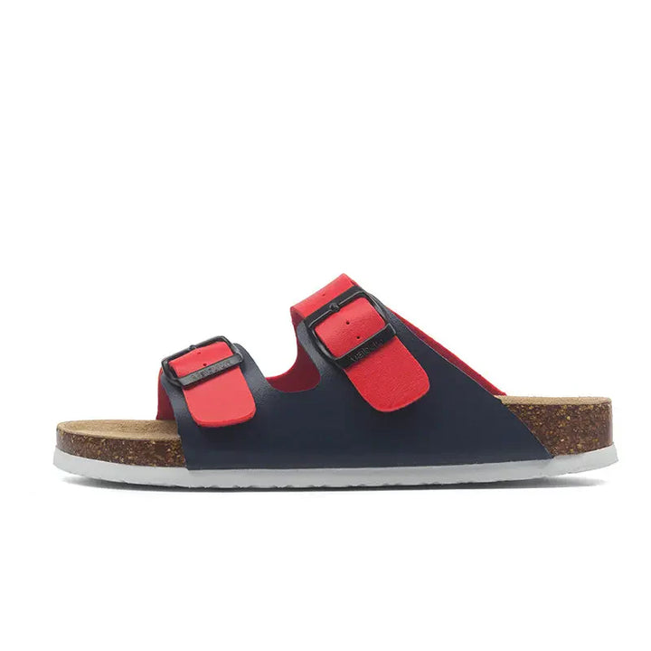 Arizona Style Cork Sandals - Blue & Red Leather for women with adjustable double straps and cork footbed
