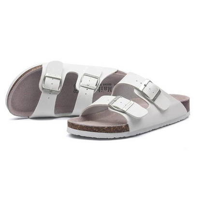 Arizona Style Cork Sandals - White Leather for women with adjustable double straps and cork footbed