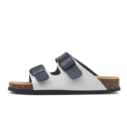 Arizona Style Cork Sandals - White & Blue Leather for women with adjustable double straps and cork footbed