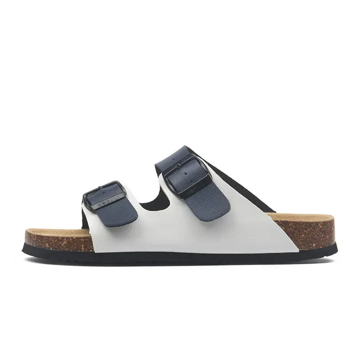 Arizona Style Cork Sandals - White & Blue Leather for women with adjustable double straps and cork footbed
