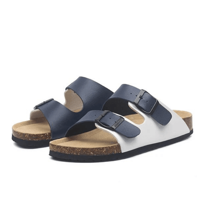 Arizona Style Cork Sandals - White & Blue Leather for women with adjustable double straps and cork footbed