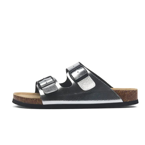 Arizona Style Cork Sandals - Silver Leather for women with adjustable double straps and cork footbed