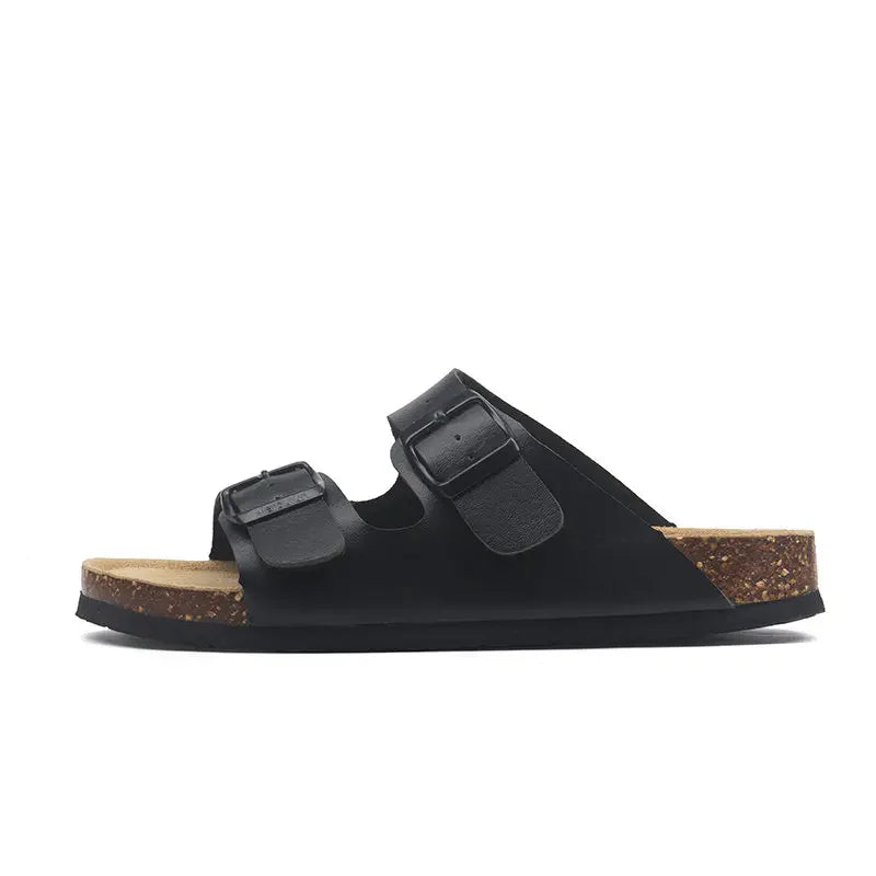 Arizona Style Cork Sandals - Black Leather for women with adjustable double straps and cork footbed