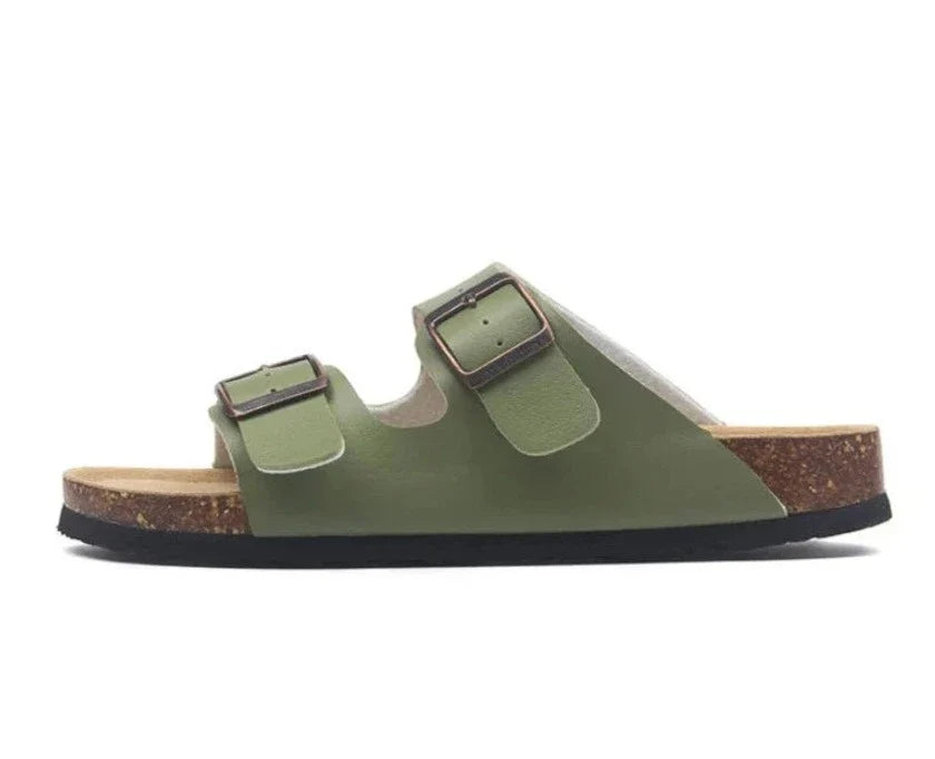 Arizona Style Cork Sandals - Green Leather for women with adjustable double straps and cork footbed