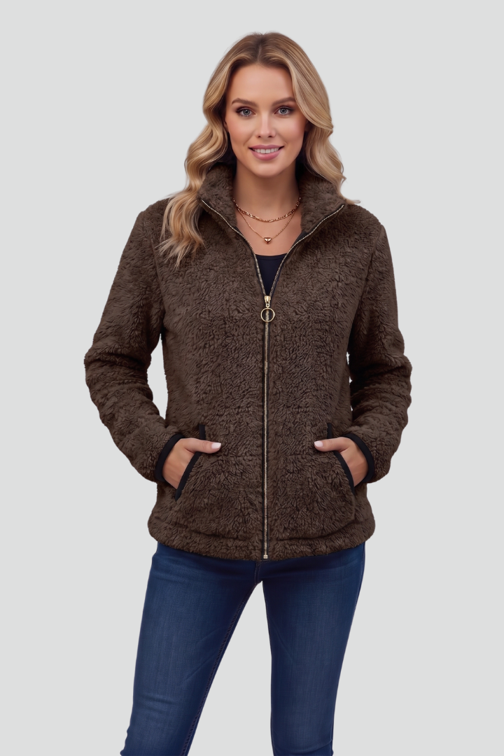 Women's Fleece Jacket with Stand-Up Collar and Contrast Trim