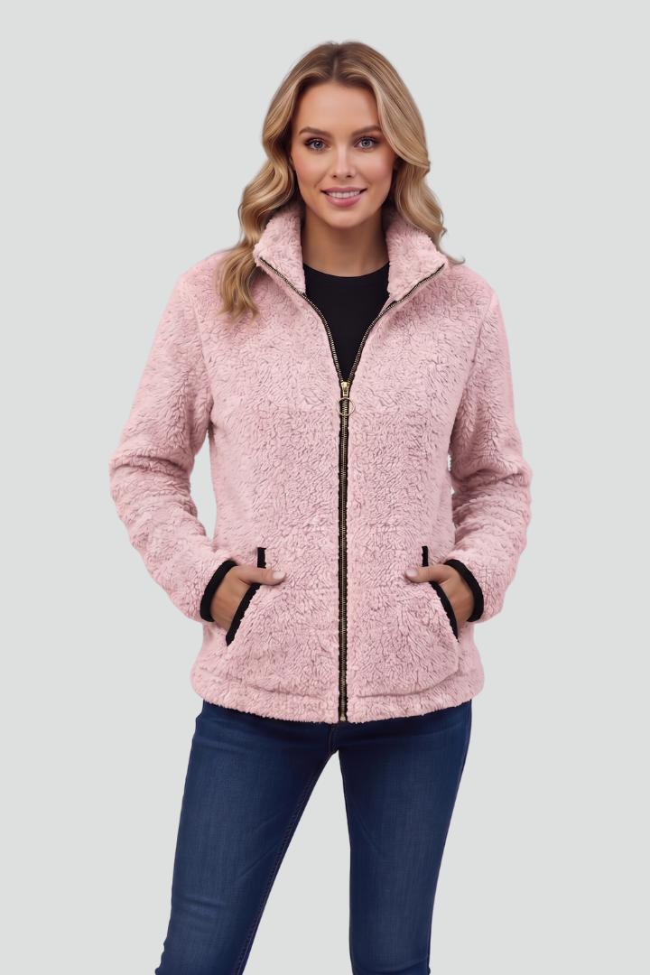 Women's Fleece Jacket with Stand-Up Collar and Contrast Trim