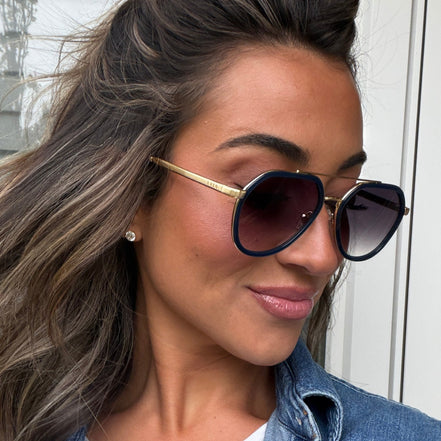 Joey Sunglasses — Clubhouse Blue + Brushed Gold + Grey Gradient