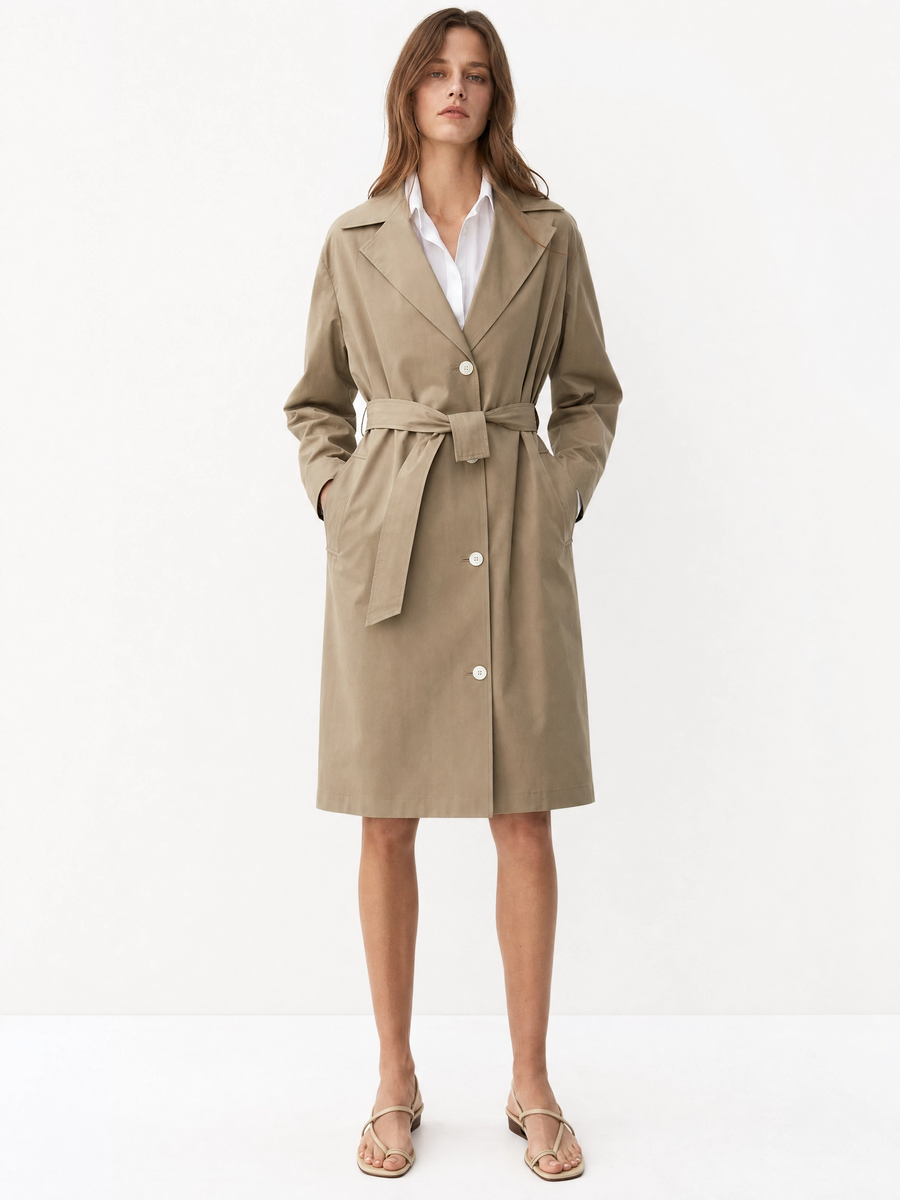 Classic Khaki Trench Coat for Women | Belted Long Coat