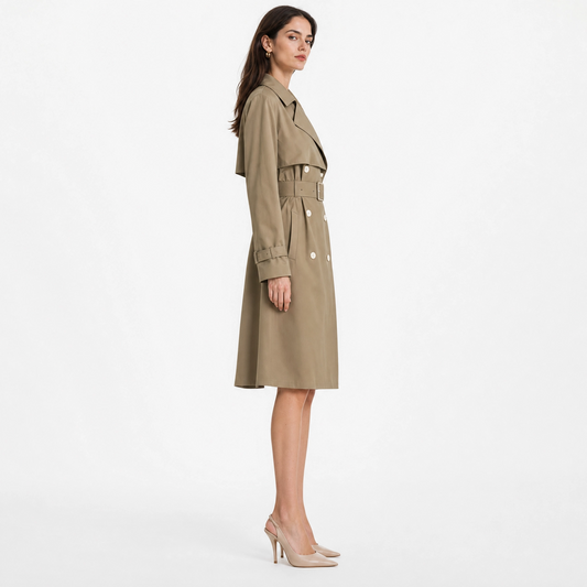 Classic Khaki Trench Coat for Women | Belted Long Coat